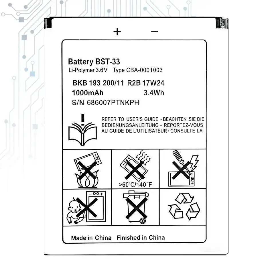 BST-33 аккумулятор для телефона Sony Ericsson BST33 W205 W300 W300i W302 W395 W595 W595a W610 W610i W660 W705 W705u 1000 мАч
BST-33 аккумулятор для телефона Sony Ericsson BST33 W205 W300 W300i W302 W395 W595 W595a W610 W610i W660 W705 W705u 1000 мАч