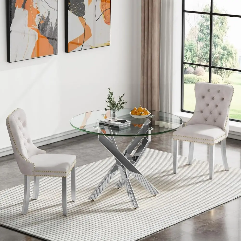 3-Piece Dining Set with Glass Top and Beige Chairs, 36 Round Silver Leg Table, Compact Kitchen Table Set
3-Piece Dining Set with Glass Top and Beige Chairs, 36 Round Silver Leg Table, Compact Kitchen Table Set