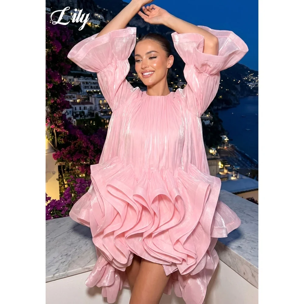 Lily Pink Shimmer Prom Dress Long Sleeve Ruffle Evening Dress Loose Fit Short Party Dress Chic & Unconventional Gown Customized
Lily Pink Shimmer Prom Dress Long Sleeve Ruffle Evening Dress Loose Fit Short Party Dress Chic & Unconventional Gown Customized