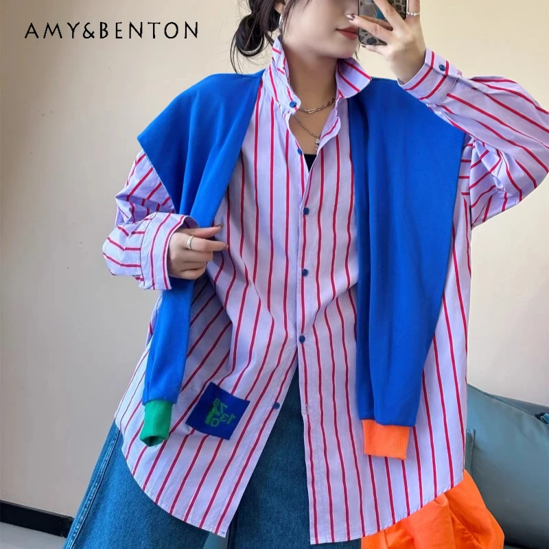 Versatile Mid-length Loose Fit Slimming Layering Top Color Block Faux Two-piece Shawl Style Striped Shirt For Women's Y2k Blouse
Versatile Mid-length Loose Fit Slimming Layering Top Color Block Faux Two-piece Shawl Style Striped Shirt For Women's Y2k Blouse