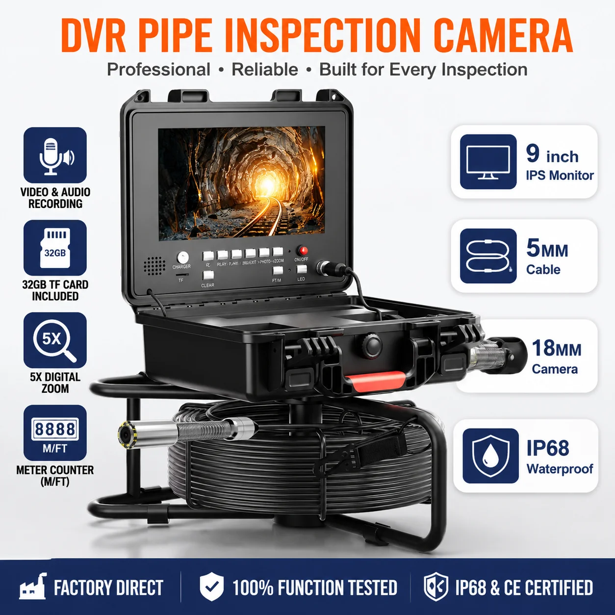 9inch Sewer Pipe Inspection Camera Drain Sewer Pipeline Industrial Endoscope DVR Video Recording 20M Cable
9inch Sewer Pipe Inspection Camera Drain Sewer Pipeline Industrial Endoscope DVR Video Recording 20M Cable