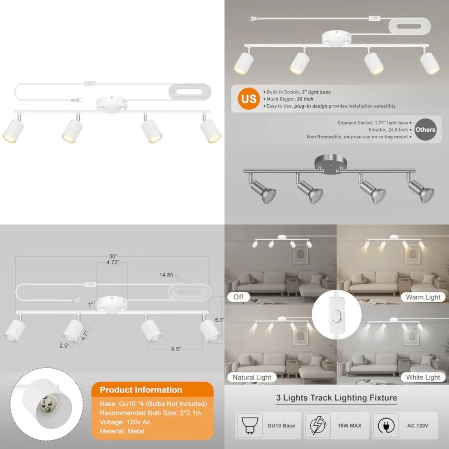 Track Lighting Plug in, LED Track Lighting Fixtures Ceiling Kit, White 4-Light Ceiling Light Plug-in, Wall Light with 14.8ft Po
Track Lighting Plug in, LED Track Lighting Fixtures Ceiling Kit, White 4-Light Ceiling Light Plug-in, Wall Light with 14.8ft Po