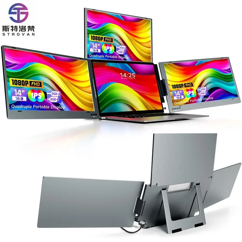Portable 14-Inch IPS Triple Screen Laptop 4-Display Extender with USB Interface Compatible with Laptops Via Single Cable
