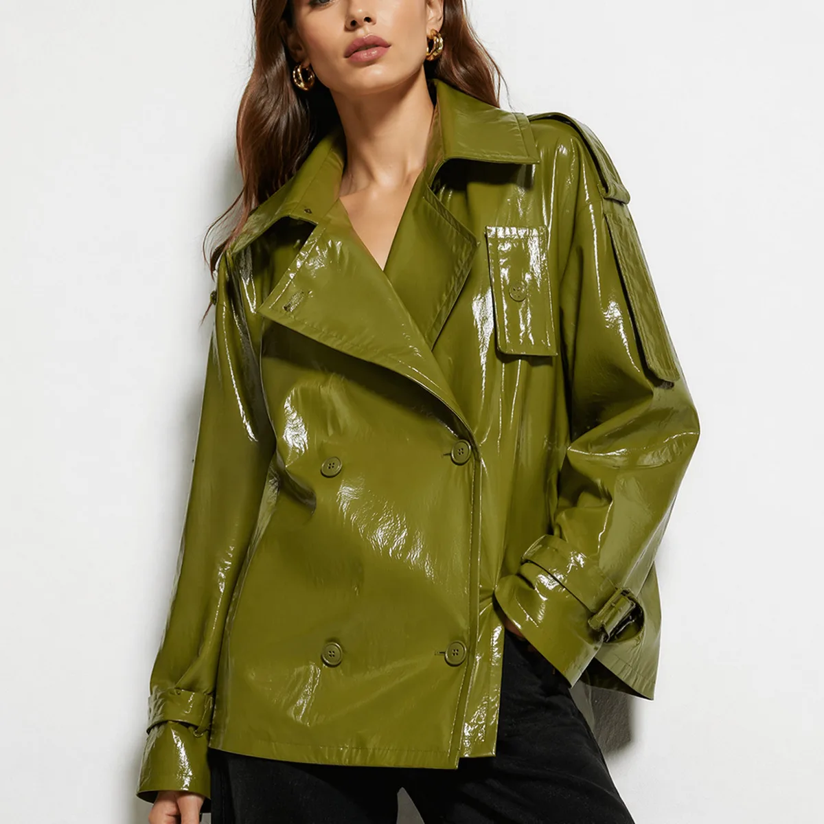 IG 2026 Women's Glossy Patent Leather Short Trench Coat Wide Lapel Double Breasted Button Front Adjustable Cuff Strap Oversized
IG 2026 Women's Glossy Patent Leather Short Trench Coat Wide Lapel Double Breasted Button Front Adjustable Cuff Strap Oversized