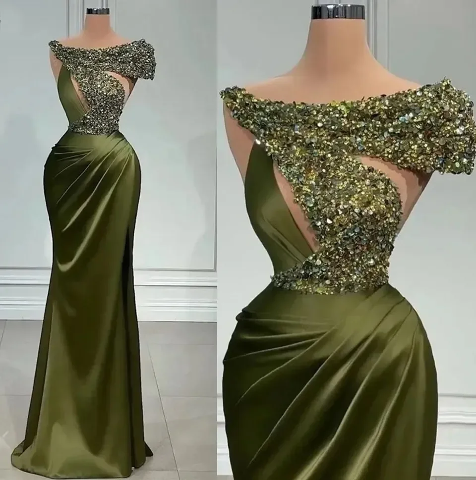 Customized Deep Green Boat Shaped Collar Ball Gown Sleeveless Elastic Satin Crystal Sequin Mermaid Evening Gown Pleated
Customized Deep Green Boat Shaped Collar Ball Gown Sleeveless Elastic Satin Crystal Sequin Mermaid Evening Gown Pleated