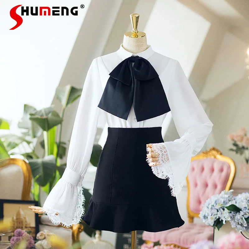 Spring 2023 New Blouse Polo Collar Bow Special-Interest Design Flared Lace Long Sleeve Pendant Chiffon Shirt for Women
Spring 2023 New Blouse Polo Collar Bow Special-Interest Design Flared Lace Long Sleeve Pendant Chiffon Shirt for Women