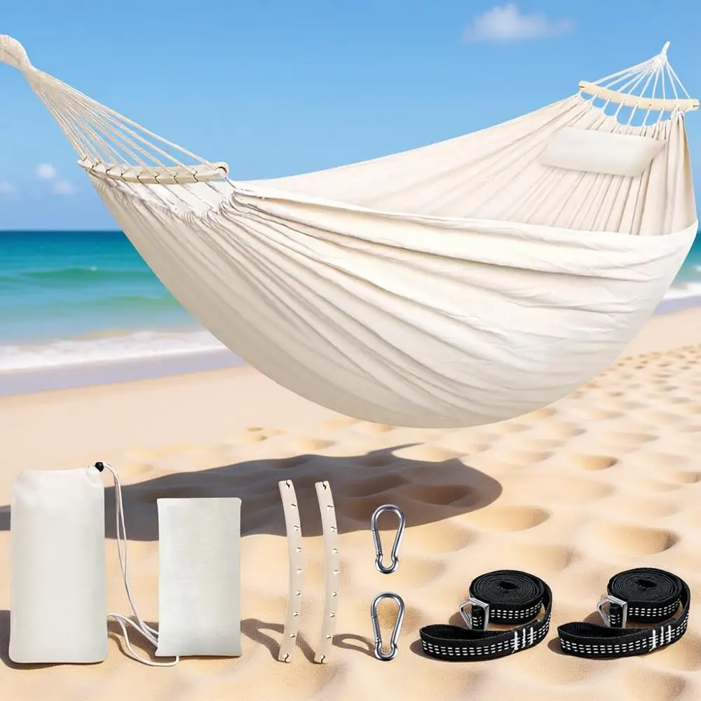 Large Breathable Cotton Camping Hammock with Detachable Bar, Pillow, and Webbing, Holds 660lbs
Large Breathable Cotton Camping Hammock with Detachable Bar, Pillow, and Webbing, Holds 660lbs