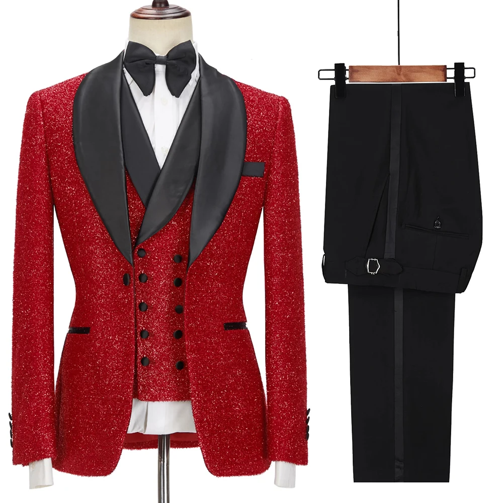 Sparkly Groom Wedding Suits Fit Custom Black Shawl Lapel Jacket Vest Pants 3 Pieces Men Tuxedos Red Prom Blazer Banquet Clothing
Sparkly Groom Wedding Suits Fit Custom Black Shawl Lapel Jacket Vest Pants 3 Pieces Men Tuxedos Red Prom Blazer Banquet Clothing