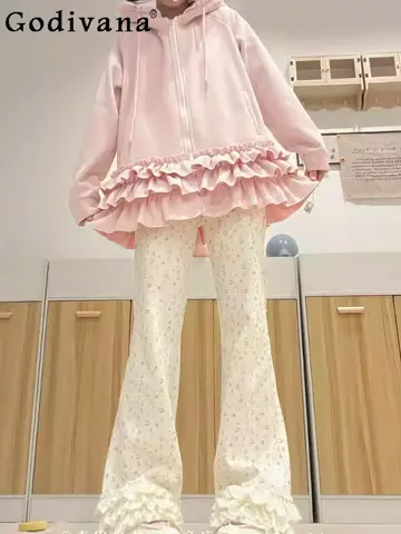 Otoño dulce mujer Ballet Floral suelto ligeramente tirado pantalones elegante encaje pastel Beige elástico alta cintura ocio pantalones Lolita