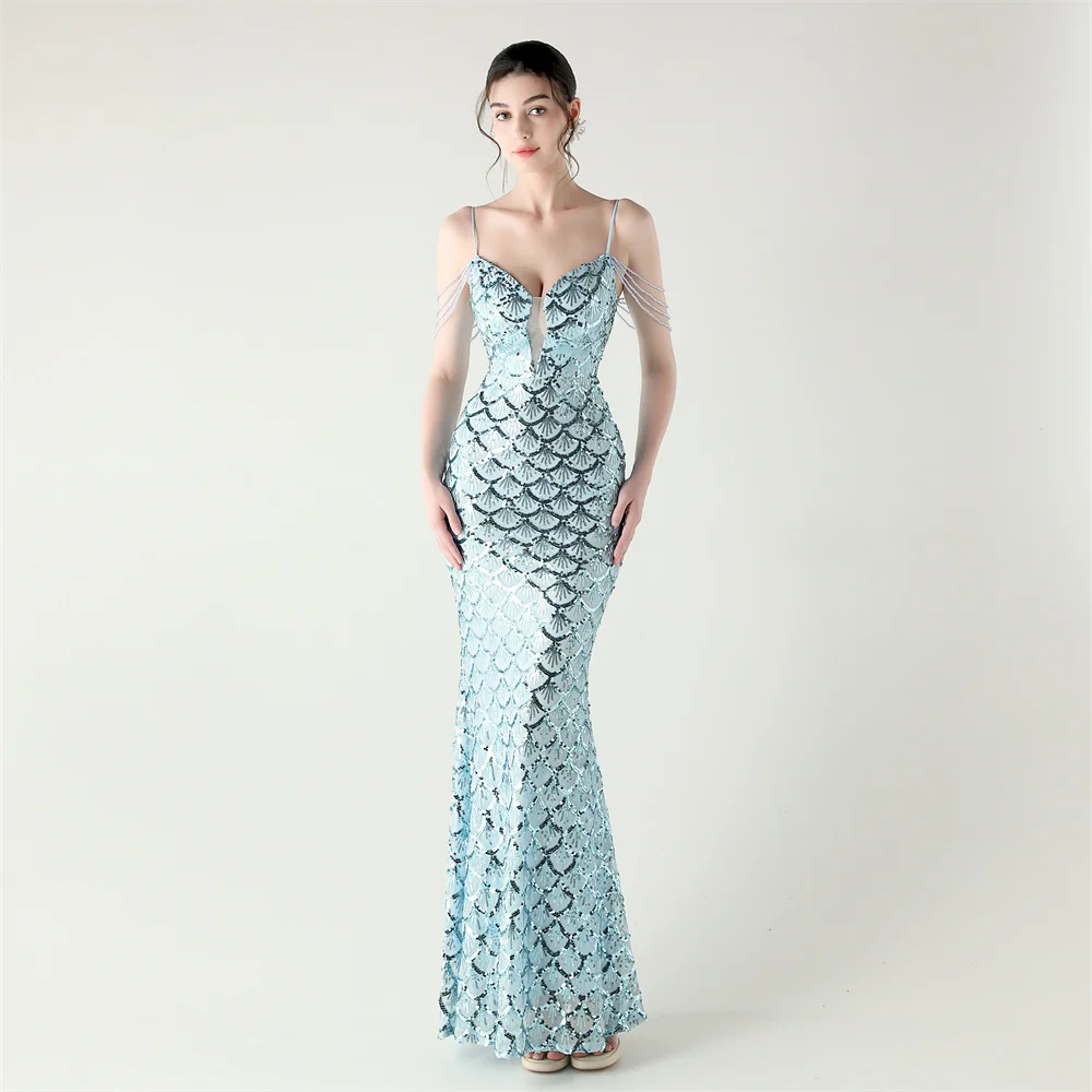 Luxury Deep V-Neck Sequins Evening Dress for Woman Elegant Mermaid Strap Special Occasion Party Dresses Prom Gown with Beads
Luxury Deep V-Neck Sequins Evening Dress for Woman Elegant Mermaid Strap Special Occasion Party Dresses Prom Gown with Beads