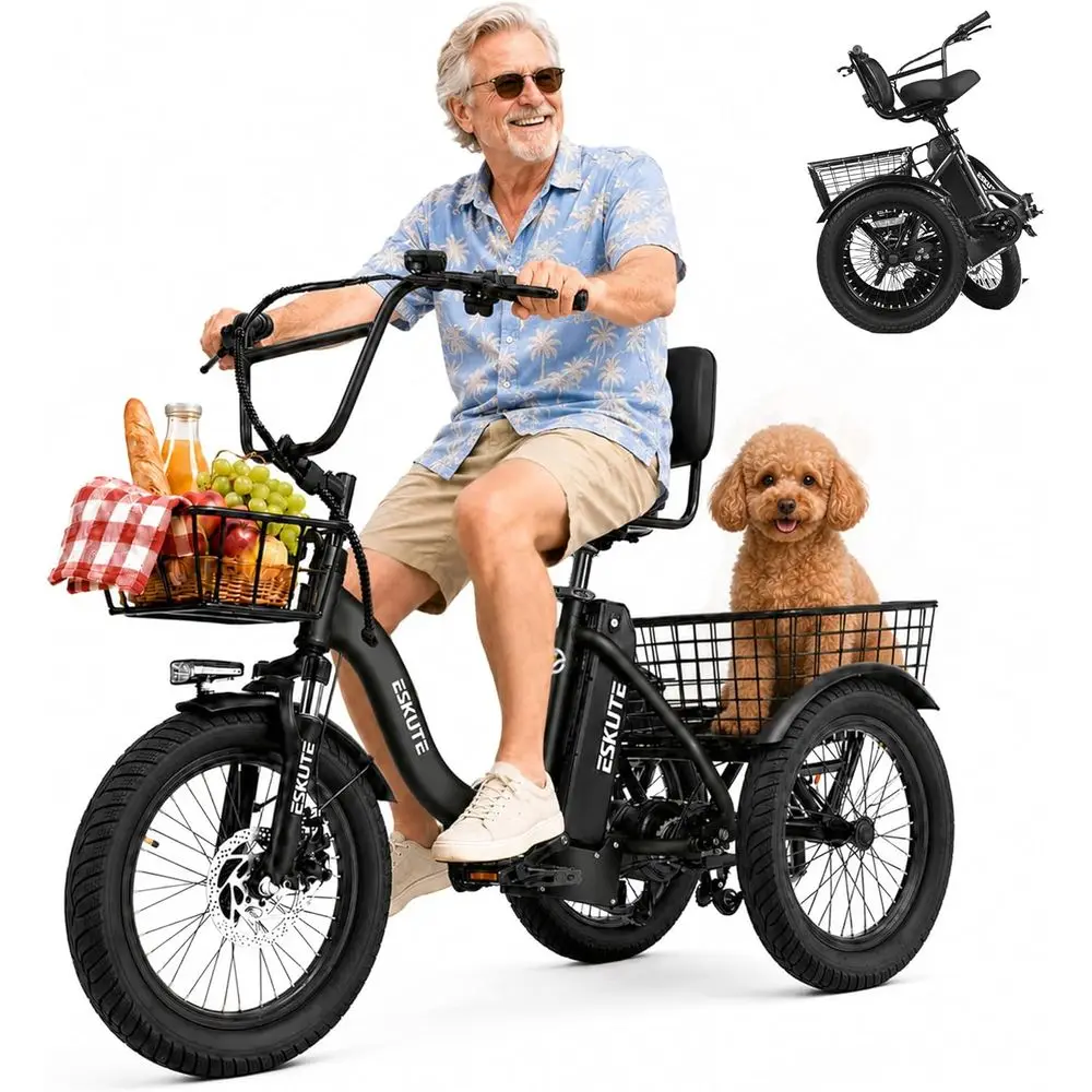 T300 Adults Electric Trike Bike, 1200W Peak Motor & 624Wh Removable Battery,18x3.0 at Tire oldable 3-Wheel E-Bike with Step-Thru
T300 Adults Electric Trike Bike, 1200W Peak Motor & 624Wh Removable Battery,18x3.0 at Tire oldable 3-Wheel E-Bike with Step-Thru