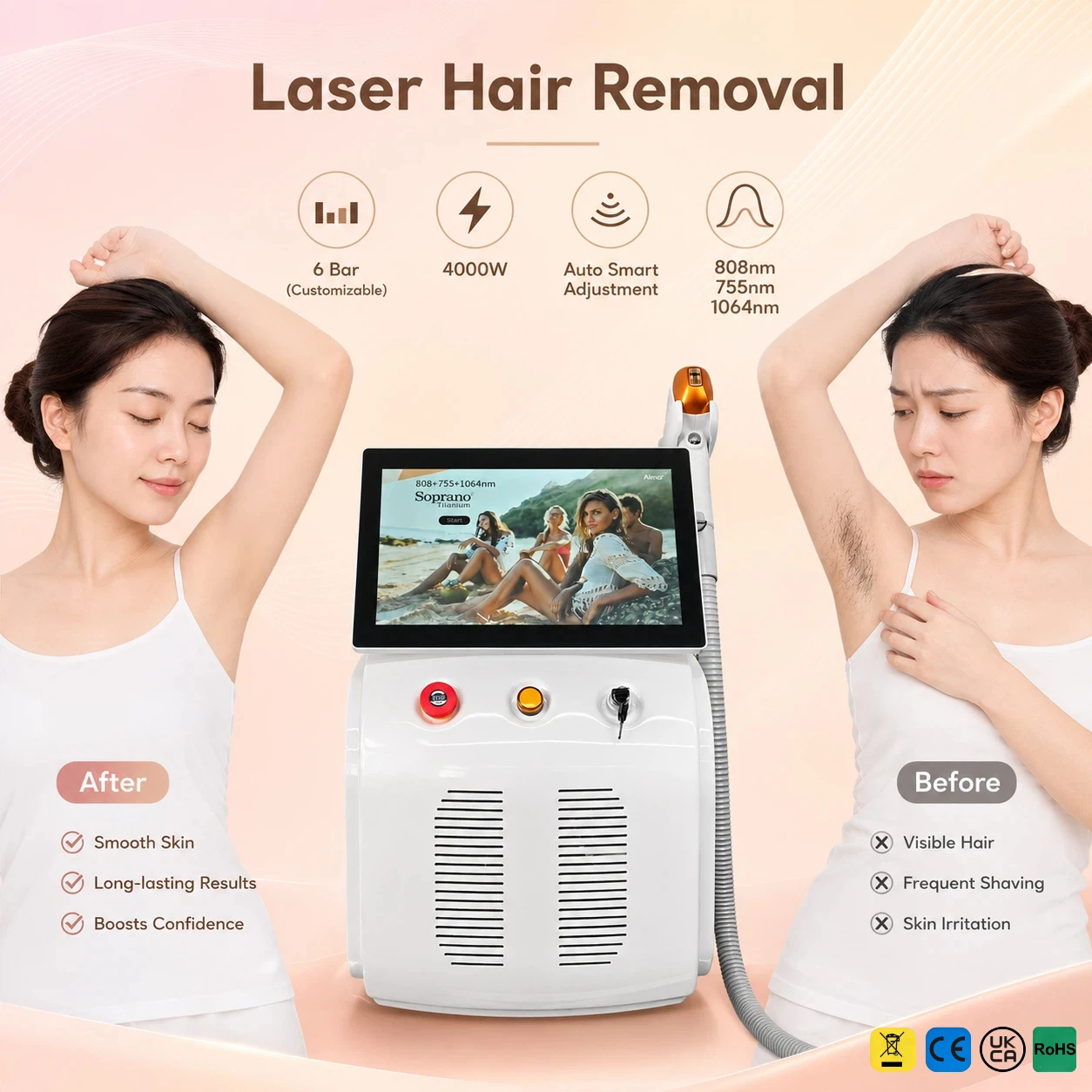 4000W Diode Laser Epilator for Women Home Solan Devices Hair Removal Painless Epilator Bikini Underarms,Cheeks,Legs,Chest,Arms
4000W Diode Laser Epilator for Women Home Solan Devices Hair Removal Painless Epilator Bikini Underarms,Cheeks,Legs,Chest,Arms