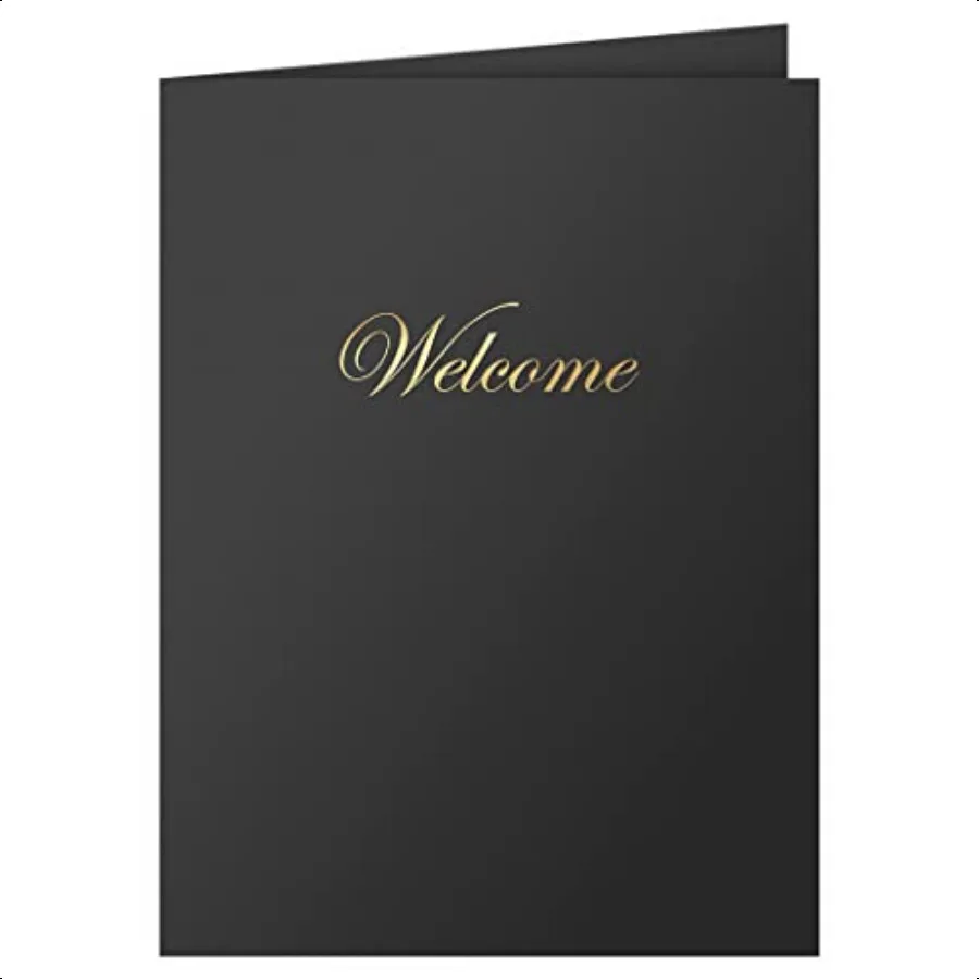 25 Count Black Welcome Pocket Folders Gold Foil Stamped for HR Profionals 9 x 12
25 Count Black Welcome Pocket Folders Gold Foil Stamped for HR Profionals 9 x 12