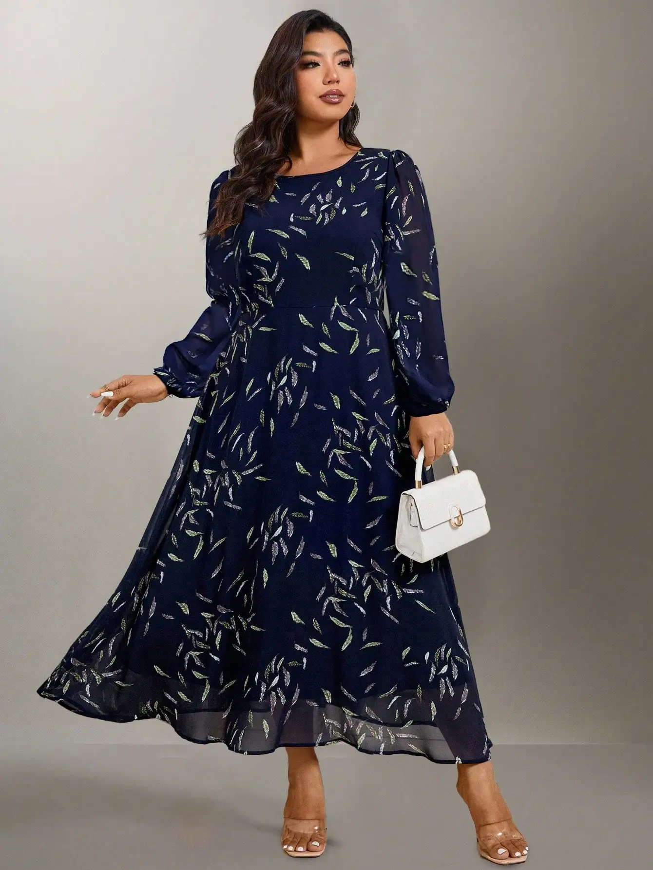 Women's Plus Size Navy Chiffon Leaf Print A-Line Maxi Dress with Puffed Sleeves
Women's Plus Size Navy Chiffon Leaf Print A-Line Maxi Dress with Puffed Sleeves