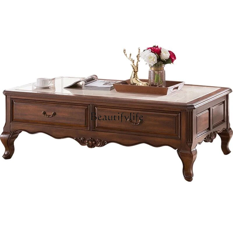 High-end Living Room Coffee Table Rectangular American Style All Solid Wood Coffee Table Marble Surface 
High-end Living Room Coffee Table Rectangular American Style All Solid Wood Coffee Table Marble Surface