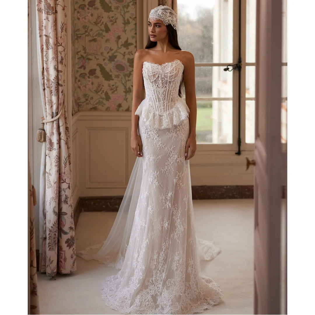 Bohemian Lace Mermaid Wedding Dresses Strapless Corset Bridal Gown Beading Ruffles Exquisite robe de mariée Customized
Bohemian Lace Mermaid Wedding Dresses Strapless Corset Bridal Gown Beading Ruffles Exquisite robe de mariée Customized
