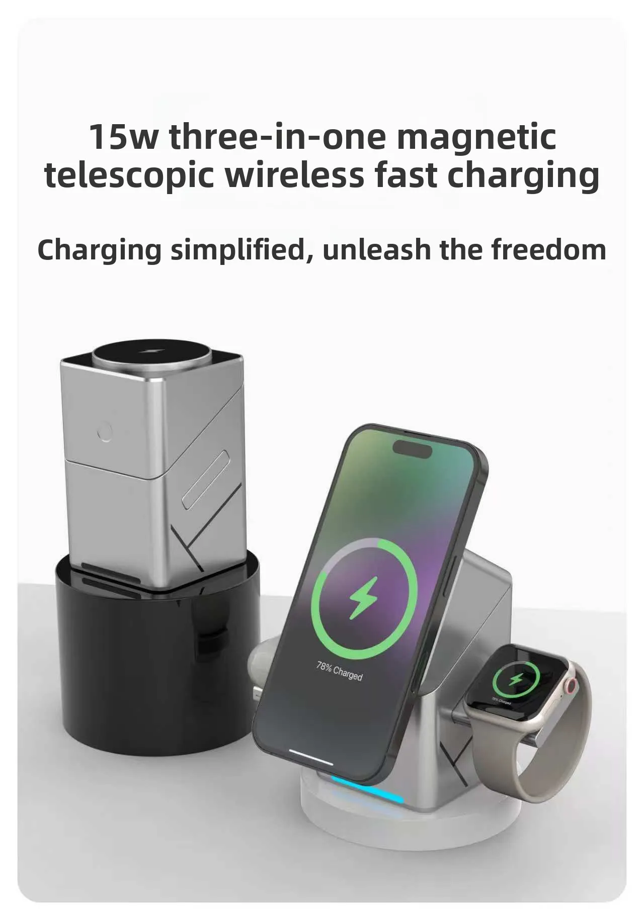 Three-in-one desktop wireless charger magsafe magnetic wireless charging 15w fast charging portable on the go
Three-in-one desktop wireless charger magsafe magnetic wireless charging 15w fast charging portable on the go