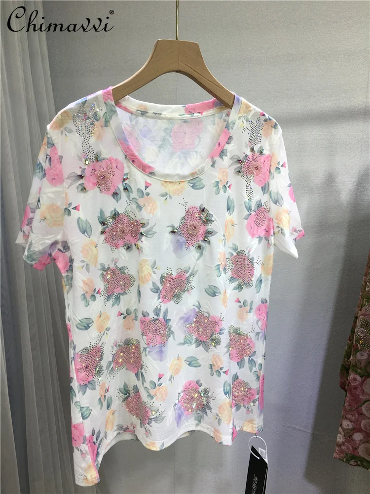Heavy Hot Diamond T-shirt Light Lace Shirt Beaded Top Summer New Round Neck Short Sleeve Thin Temperament Tshirts Top
Heavy Hot Diamond T-shirt Light Lace Shirt Beaded Top Summer New Round Neck Short Sleeve Thin Temperament Tshirts Top