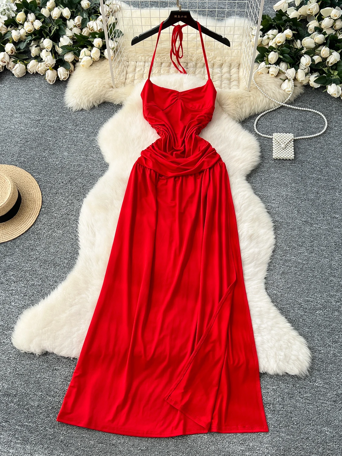 Foamlina American Red Halter Suspender Dress Women's Summer Fashion Sexy Sleeveless Pleated Waist Tight Split Long Dresses
Foamlina American Red Halter Suspender Dress Women's Summer Fashion Sexy Sleeveless Pleated Waist Tight Split Long Dresses