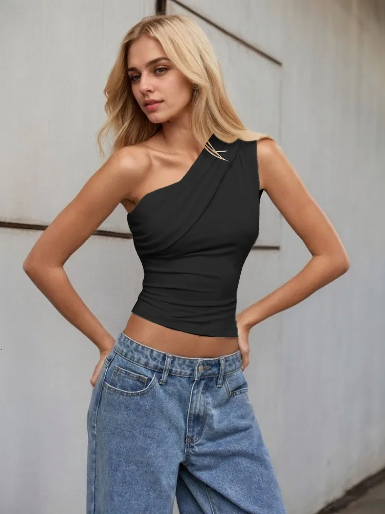 Solid Color Sleeveless Pleated T-Shirt 2026 Summer New Women's One Shoulder Pleated Vest Streetwear Off Shoulder Top Female
Solid Color Sleeveless Pleated T-Shirt 2026 Summer New Women's One Shoulder Pleated Vest Streetwear Off Shoulder Top Female