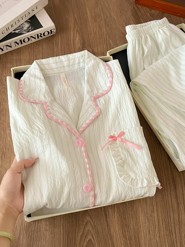 Sweet Striped Sleepwear Women's Spring Autumn 2026 New Style Collar Open Cardigan Long Sleeve Long Pants Home Clothes Set
Sweet Striped Sleepwear Women's Spring Autumn 2026 New Style Collar Open Cardigan Long Sleeve Long Pants Home Clothes Set