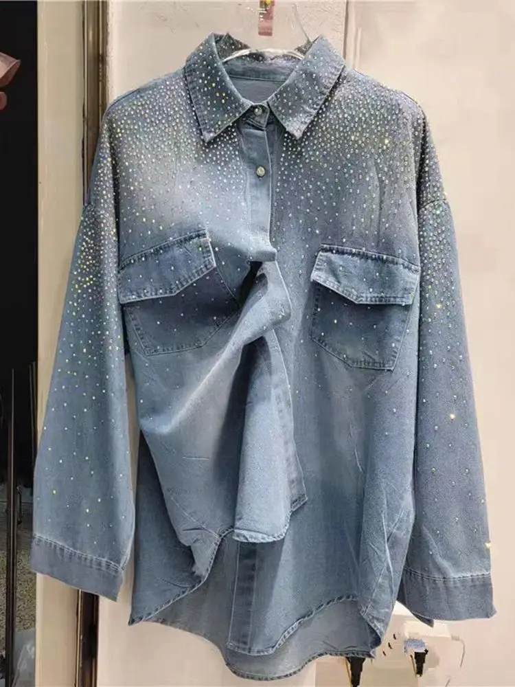 Luxury Sparkle Rhinestones Hot Drilling Diamonds Denim Blouses Shirts For Women's Spring 2025 Loose Causal Tops Camisas De Mujer
Luxury Sparkle Rhinestones Hot Drilling Diamonds Denim Blouses Shirts For Women's Spring 2025 Loose Causal Tops Camisas De Mujer