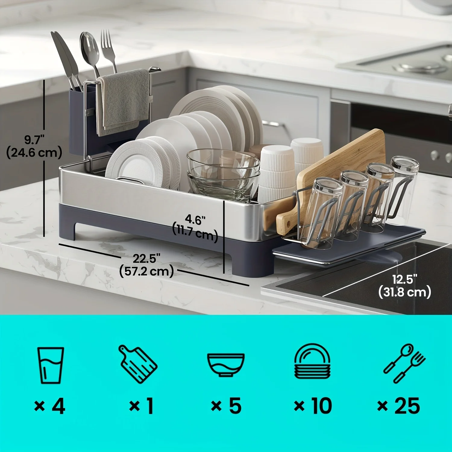 Dish Drying Rack, 12.5 X 22.5in, Stainless Steel Dish Rack with Rotatable Spout, Drainboard, Fingerprint-Resistant Dish Drainers for Kitchen Counter, Gray, Black, Utensil, Cup, Glass, Cutting Board, Pan Holders, Perfect Gifts
Dish Drying Rack, 12.5 X 22.5in, Stainless Steel Dish Rack with Rotatable Spout, Drainboard, Fingerprint-Resistant Dish Drainers for Kitchen Counter, Gray, Black, Utensil, Cup, Glass, Cutting Board, Pan Holders, Perfect Gifts