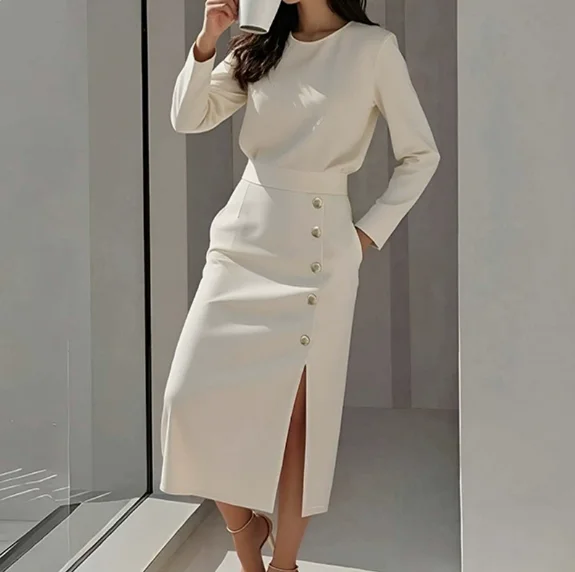 Women Dress 2026 Spring New Solid Color Button Pocket Design Round Neck Long Sleeve High Waist Elegant Commute Midi Dress
Women Dress 2026 Spring New Solid Color Button Pocket Design Round Neck Long Sleeve High Waist Elegant Commute Midi Dress