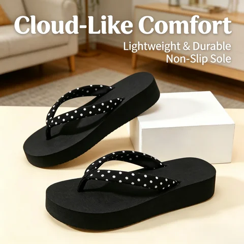 Ladies' Black And White Polka Dot Thin Strap Thick-soled Flip-flops, Soft Cloth Surface Sandals Anti-slip Lightweight Thick-soled Summer Slippers