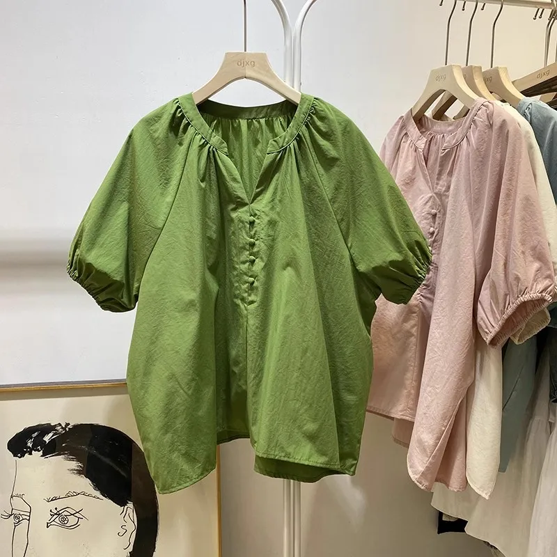 Korean Style V-Neck Bubble Sleeve Shirt Women's Summer Elegant Fashionable Top Doll Shirt Trendy Cotton Blend Loose Fit
Korean Style V-Neck Bubble Sleeve Shirt Women's Summer Elegant Fashionable Top Doll Shirt Trendy Cotton Blend Loose Fit
