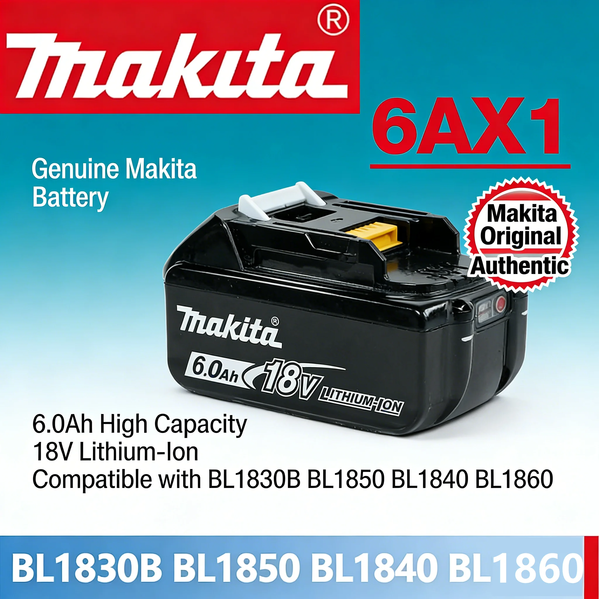100% Genuine Makita 18V 6.0Ah Replacement Battery for BL1860B BL1840 BL1830B BL1850B BL1850 BL1860 BL1815 Li-ion Battery
100% Genuine Makita 18V 6.0Ah Replacement Battery for BL1860B BL1840 BL1830B BL1850B BL1850 BL1860 BL1815 Li-ion Battery