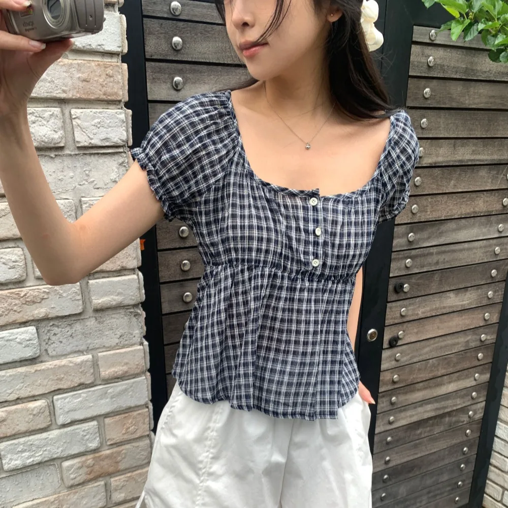 Elegant Light Weight Plaid Bubble Sleeve Shirt Women's Short Sleeve Top Ageless Design Korean Style Cotton Polyester Blend
Elegant Light Weight Plaid Bubble Sleeve Shirt Women's Short Sleeve Top Ageless Design Korean Style Cotton Polyester Blend
