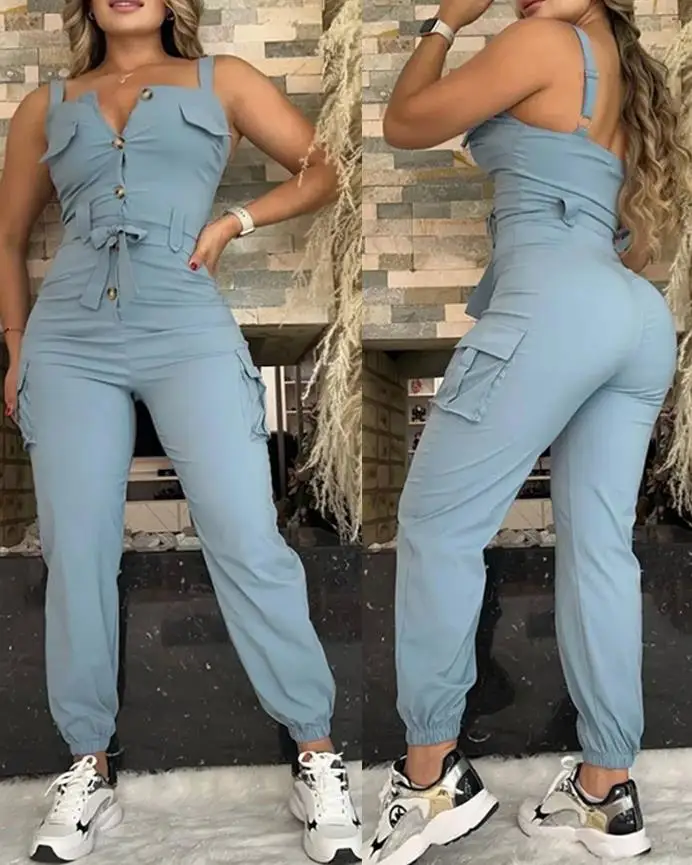 Solid Color Thick Shoulder Strap with Button Up Front Work Pants, Casual Lace Up Details with Waistband, Leg Binding Jumpsuit
Solid Color Thick Shoulder Strap with Button Up Front Work Pants, Casual Lace Up Details with Waistband, Leg Binding Jumpsuit