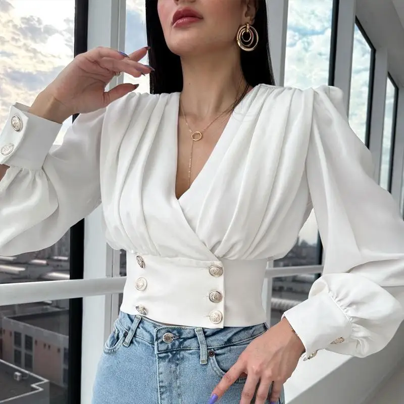 Women's Collar Long Sleeve Short Waist Shirt Bubble Sleeve Stretchy Fabric Color Easy Care Winter Fashion Ladies Shirt
Women's Collar Long Sleeve Short Waist Shirt Bubble Sleeve Stretchy Fabric Color Easy Care Winter Fashion Ladies Shirt