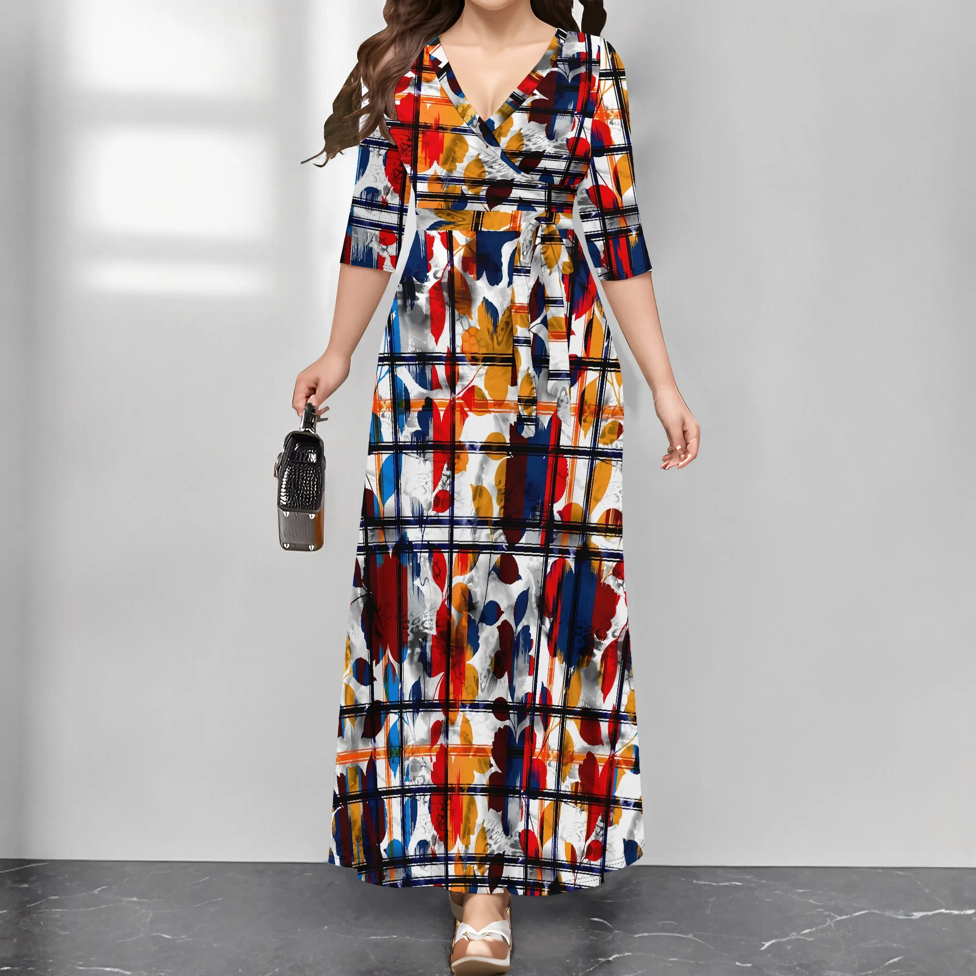 Elegant V-Neck Wrap Maxi Dress for Women 3/4 Sleeve Leaf Grid Print Boho Long Dress for Office Party Vacation
Elegant V-Neck Wrap Maxi Dress for Women 3/4 Sleeve Leaf Grid Print Boho Long Dress for Office Party Vacation