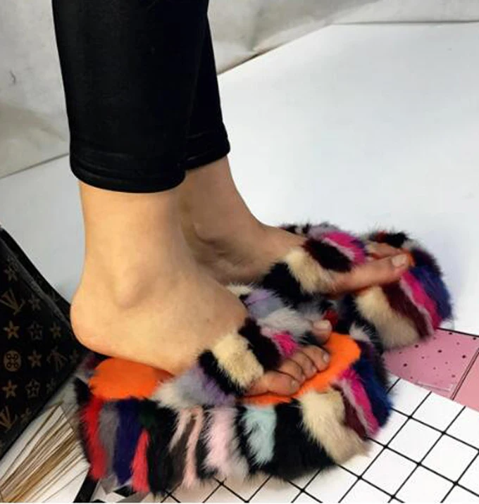 Fashion Multi Striped Mink Fur Thong Toe Thick Platform Sole Slipper Colorful Real Fur Woman Leisure Slide Shoes
Fashion Multi Striped Mink Fur Thong Toe Thick Platform Sole Slipper Colorful Real Fur Woman Leisure Slide Shoes