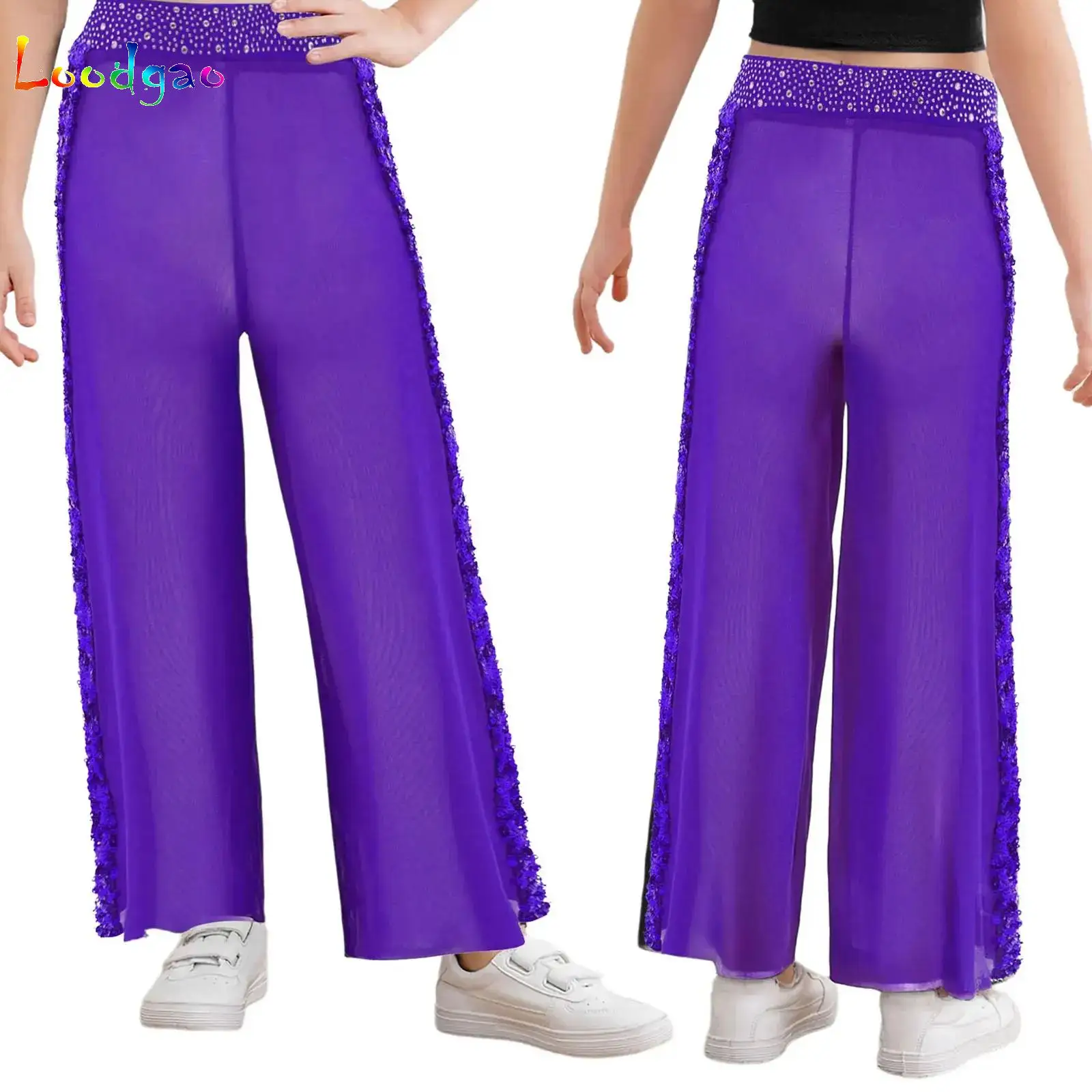 Kids Girls Modern Dance Pants Figure Skating Latin Competition Costume Sequins Sheer Mesh Pants Rhinestones Wide-Leg Trousers
Kids Girls Modern Dance Pants Figure Skating Latin Competition Costume Sequins Sheer Mesh Pants Rhinestones Wide-Leg Trousers