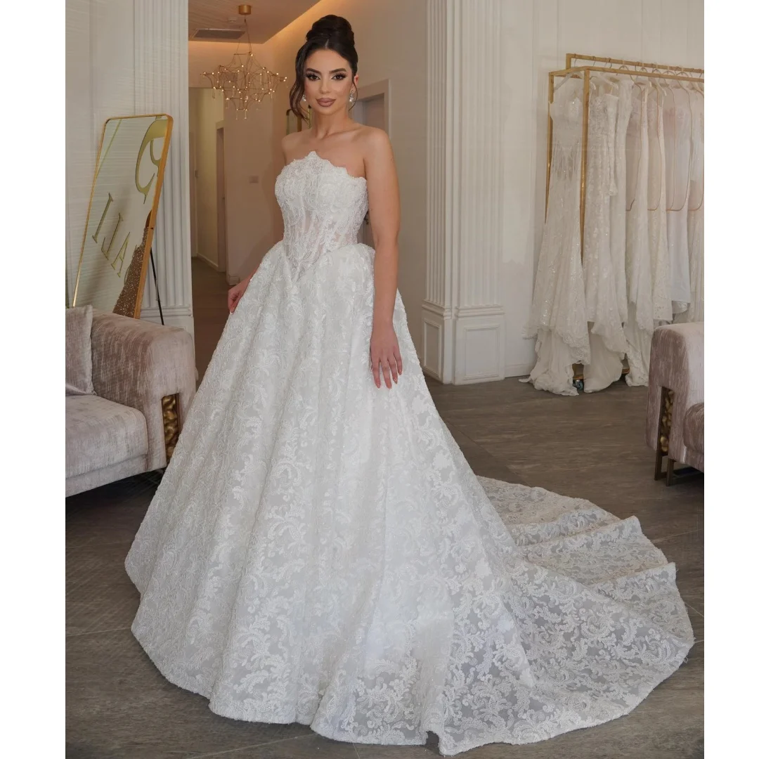 Arabic Lace Wedding Dresses Strapless Bustier Corset Wedding Party Dress Bride Sweep Train Vestidos Customized
Arabic Lace Wedding Dresses Strapless Bustier Corset Wedding Party Dress Bride Sweep Train Vestidos Customized