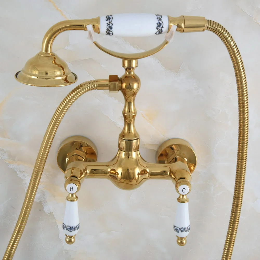 Polished Luxury Golden Brass Wall Mounted Bathroom Shower Faucet Set with 1.5M Hose Handheld Spray Head Mixer Tap Dna836
Polished Luxury Golden Brass Wall Mounted Bathroom Shower Faucet Set with 1.5M Hose Handheld Spray Head Mixer Tap Dna836