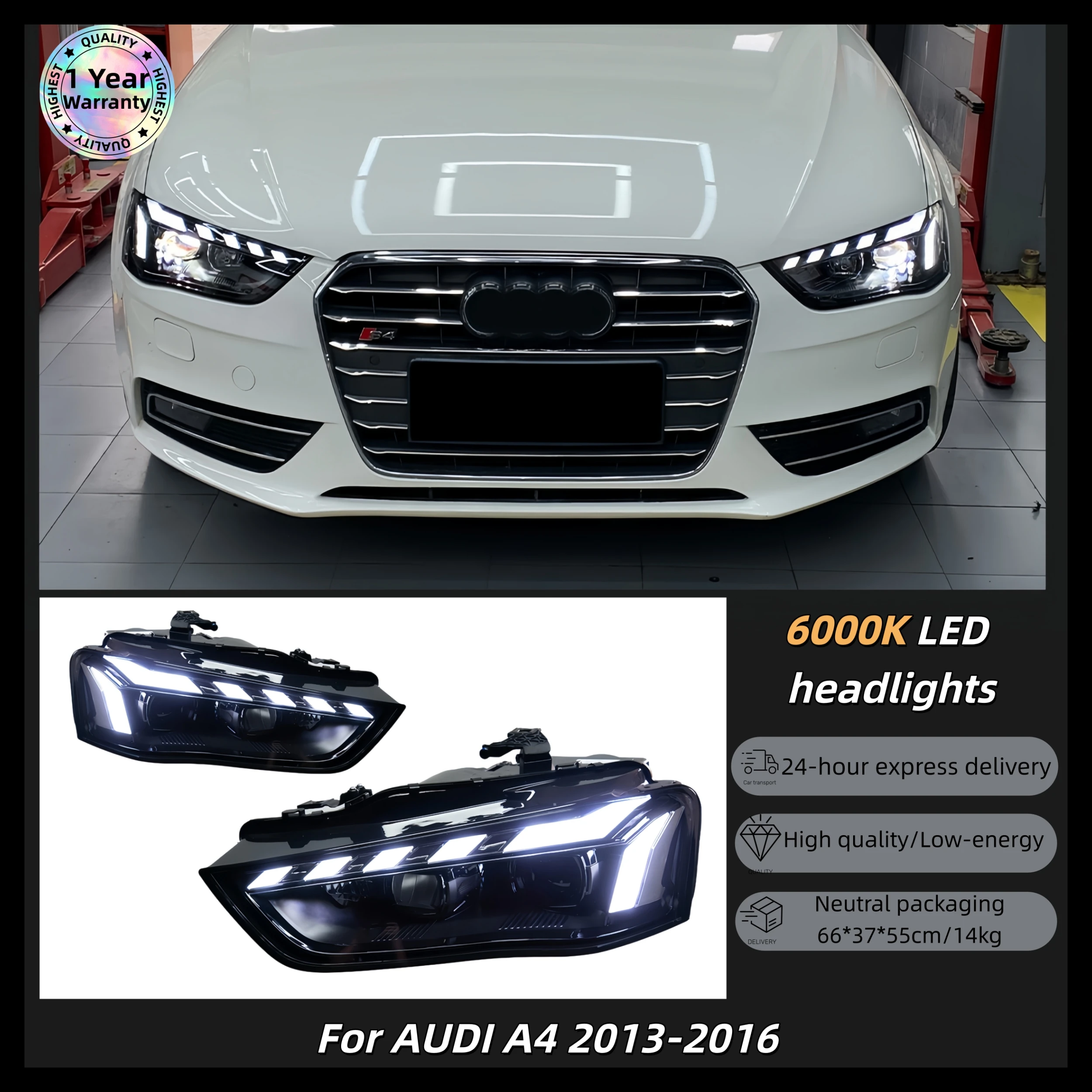 6000K LED Headlights High-quality New Model Applicable to 13-16 for Audi A4 Double-lens Headlight Assembly Spot Wholesale
6000K LED Headlights High-quality New Model Applicable to 13-16 for Audi A4 Double-lens Headlight Assembly Spot Wholesale