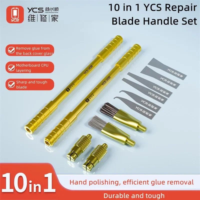 YCS-JGB 10 in 1 Glue Removal Blade Handle Set for Phone Back Cover Glass Degumming & Motherboard CPU Layering Knife Tool
YCS-JGB 10 in 1 Glue Removal Blade Handle Set for Phone Back Cover Glass Degumming & Motherboard CPU Layering Knife Tool