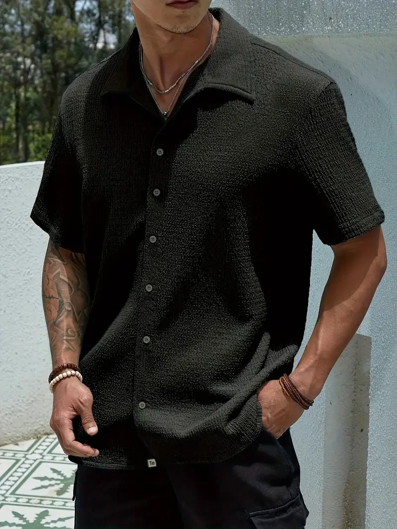 Men's solid color lapel shirt top Casual loose button up shirt Vacation short sleeves Daily life and beach Cool fabric
Men's solid color lapel shirt top Casual loose button up shirt Vacation short sleeves Daily life and beach Cool fabric