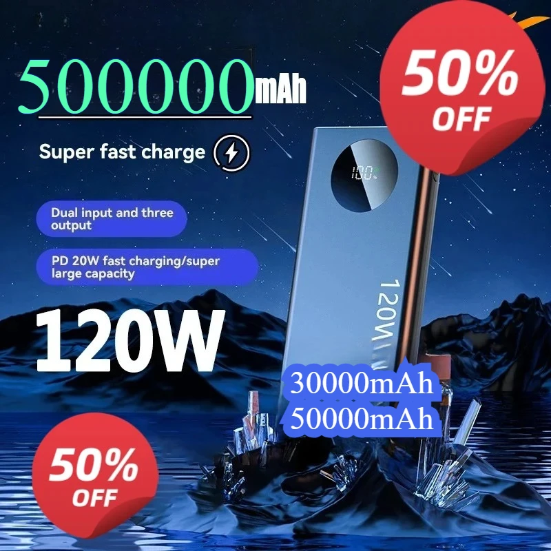 500000mAh Ultra Large Capacity Power Bank 120W Quick Charge Portable External Battery Pack 3/50000mAh for iPhone Samsung
500000mAh Ultra Large Capacity Power Bank 120W Quick Charge Portable External Battery Pack 3/50000mAh for iPhone Samsung