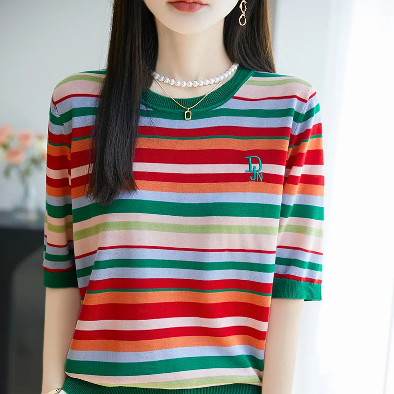 100% Lyocell Knitted Tank Top Spring/Summer Striped Women's T-shirt Short Sleeves Loose Tees Round Neck Hoodie Embroidered Tops
100% Lyocell Knitted Tank Top Spring/Summer Striped Women's T-shirt Short Sleeves Loose Tees Round Neck Hoodie Embroidered Tops