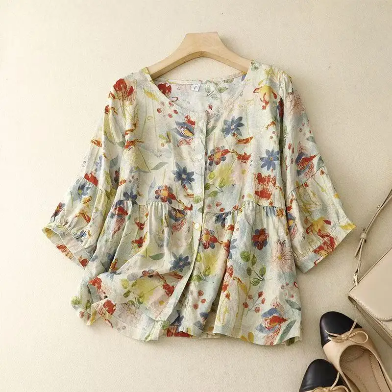 Vintage Floral Print Cotton Linen Shirts Women Summer Short Sleeve Blouses Casual Loose Cover Up Top
Vintage Floral Print Cotton Linen Shirts Women Summer Short Sleeve Blouses Casual Loose Cover Up Top