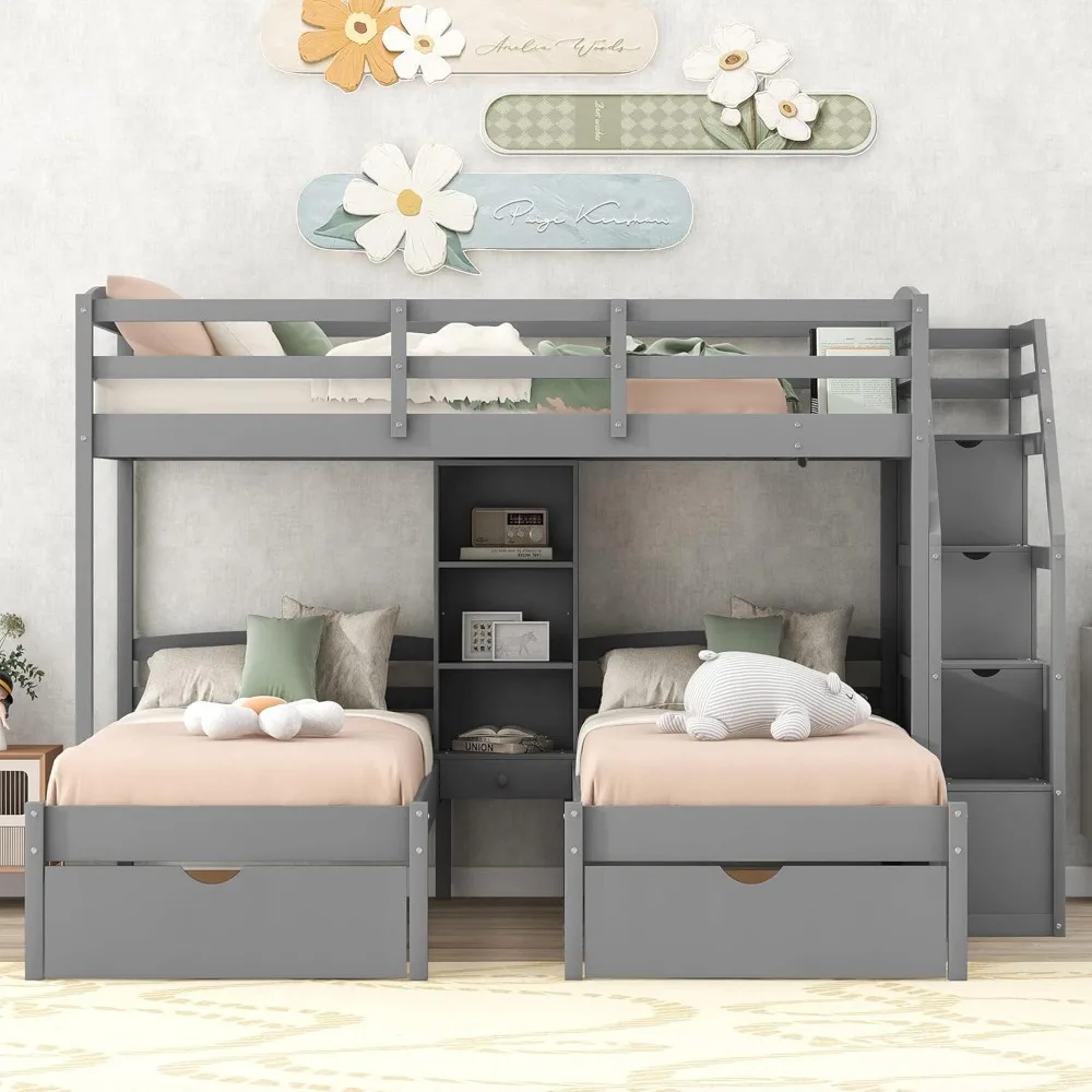 Triple Bunk Bed with Stairs, Twin Over Twin & Twin Bunk Bed for 3, Triple Bunk Bed with Drawers, Staircase with Storage, Built-i
Triple Bunk Bed with Stairs, Twin Over Twin & Twin Bunk Bed for 3, Triple Bunk Bed with Drawers, Staircase with Storage, Built-i