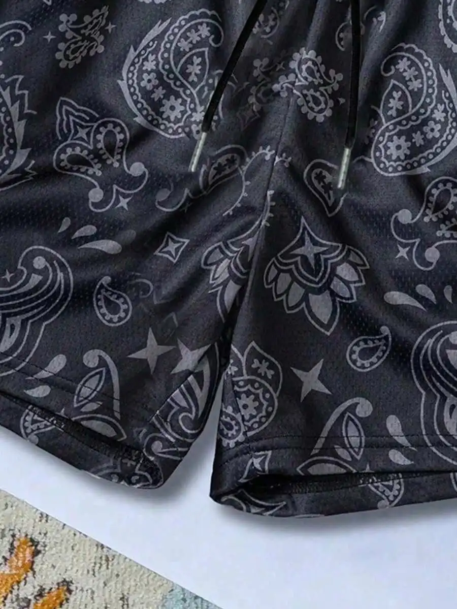 Mens Quick-Dry Mesh Shorts With Gray Paisley Print, Drawstring Waist For Summer Casual, Beach And Vacation Wear
Mens Quick-Dry Mesh Shorts With Gray Paisley Print, Drawstring Waist For Summer Casual, Beach And Vacation Wear