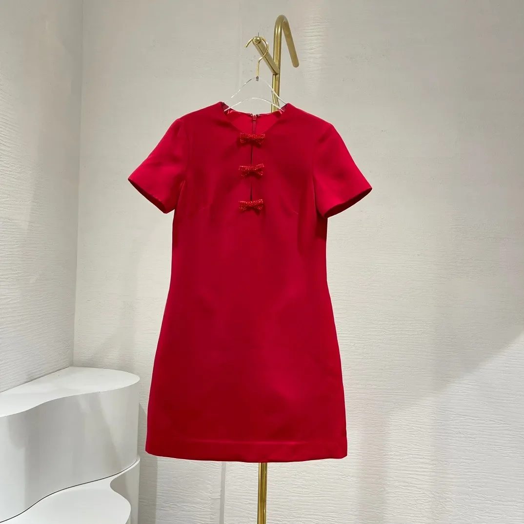 Summer High Quality Short Sleeve Diamonds Bow Red Black Straight Silk Wool Mini Dress
Summer High Quality Short Sleeve Diamonds Bow Red Black Straight Silk Wool Mini Dress