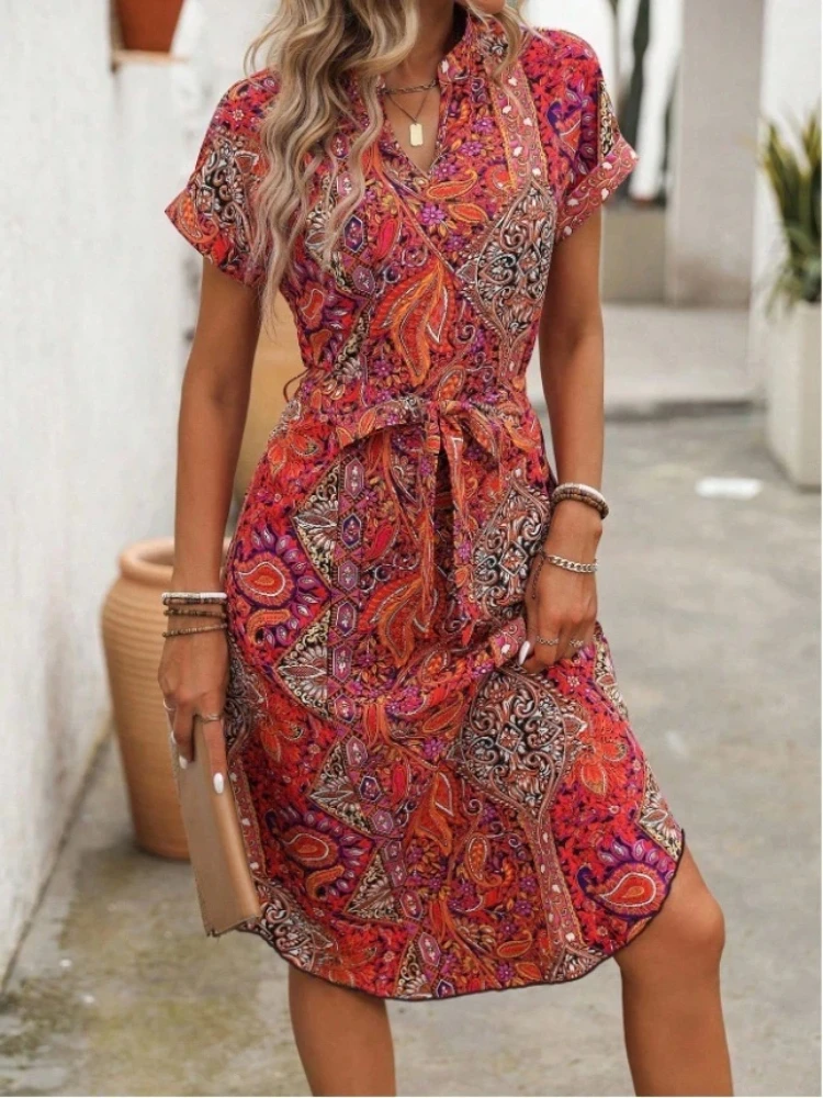 2025 Summer Boho Dress Women's V-Neck Short Sleeve Flowy Midi Dress Casual Beach Sundress Summer Holiday Office Dress Robes Ropa
2025 Summer Boho Dress Women's V-Neck Short Sleeve Flowy Midi Dress Casual Beach Sundress Summer Holiday Office Dress Robes Ropa