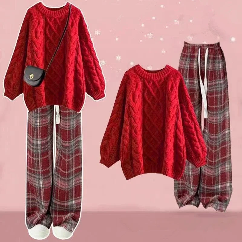 Autumn Winter Women's Vintage Plaid Pants Red Knit Pullover 1 or 2 Piece Set Lady New Casual Sweater Tops Trousers Outfits
Autumn Winter Women's Vintage Plaid Pants Red Knit Pullover 1 or 2 Piece Set Lady New Casual Sweater Tops Trousers Outfits
